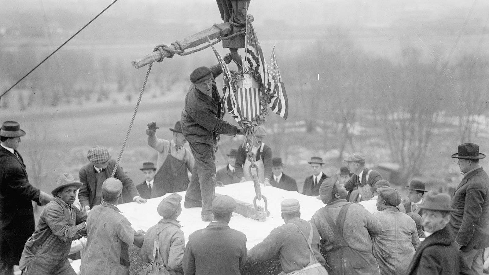 <strong>Cornerstone:</strong> The Lincoln Memorial's cornerstone was laid in 1915. The building stands in isolation in a landscaped circle at the west end of the National Mall.  