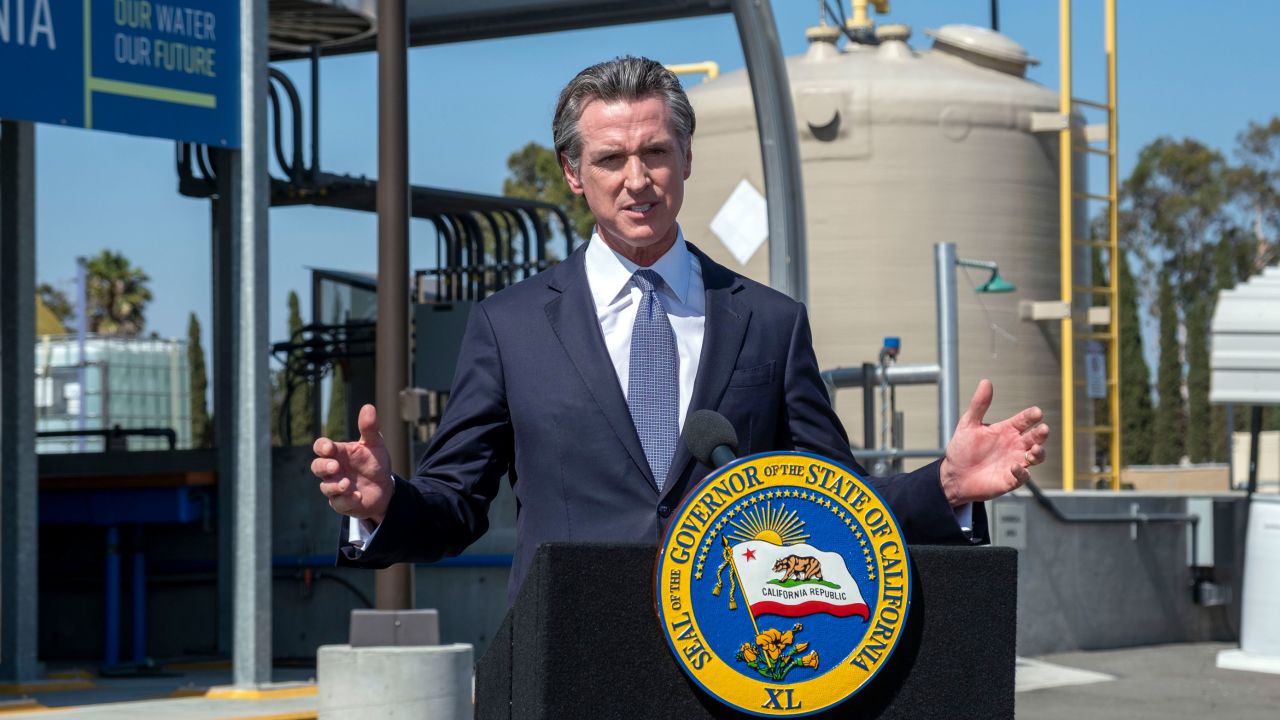 California Gov. Gavin Newsom speaks to the media earlier this month, after a tour of a Metropolitan Water District water recycling facility in Carson.