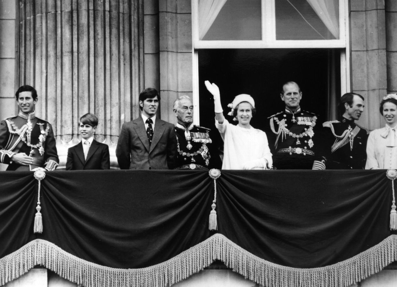The Queen made several Buckingham Palace balcony appearances during her Silver Jubilee celebrations. As she waves to the crowds on June 7, 1977, she is joined by (left to right) Prince Charles, Prince Edward, Prince Andrew, Earl Mountbatten, Prince Philip, Captain Mark Phillips and his then-wife, Princess Anne.