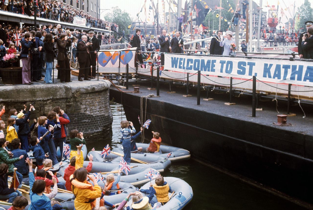 The Queen is welcomed at St. Katharine's Dock near the Tower of London during her Silver Jubilee.