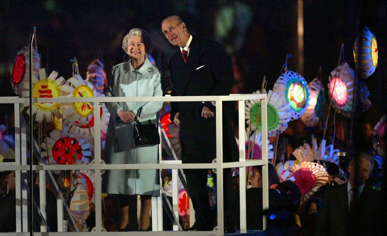The Queen and Prince Philip watch the impressive fireworks display. 