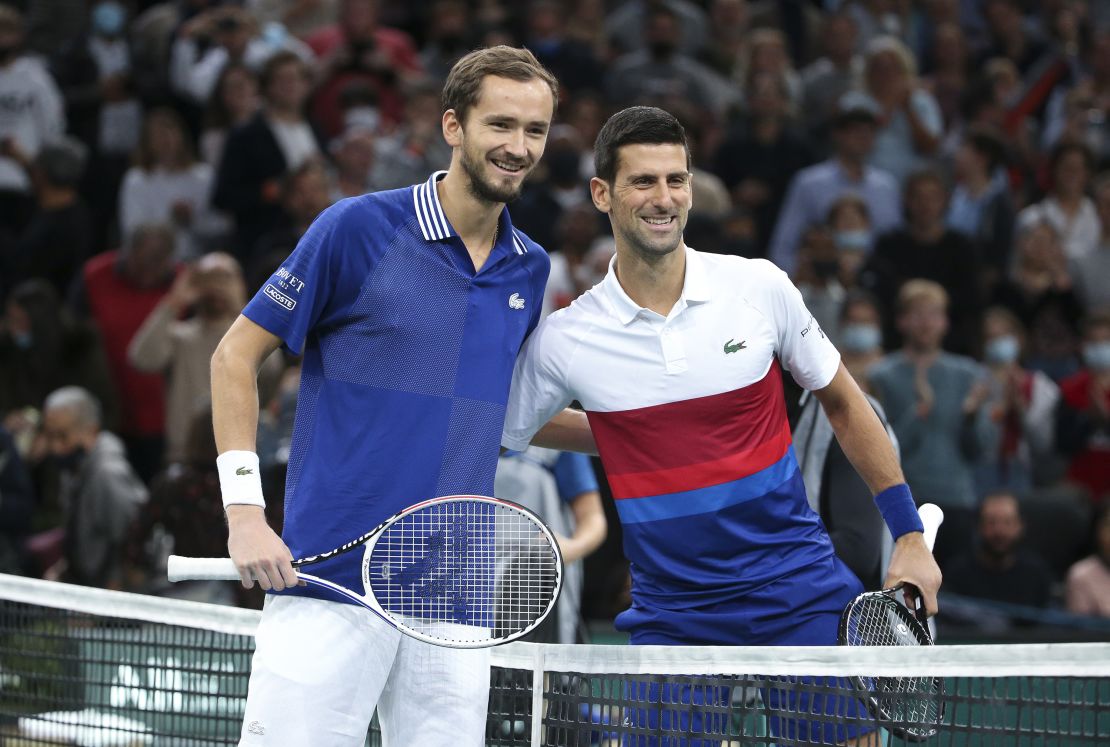 Russian tennis star Daniil Medvedev and Novak Djokovic during the Rolex Paris Masters 2021 final on November 7, 2021.