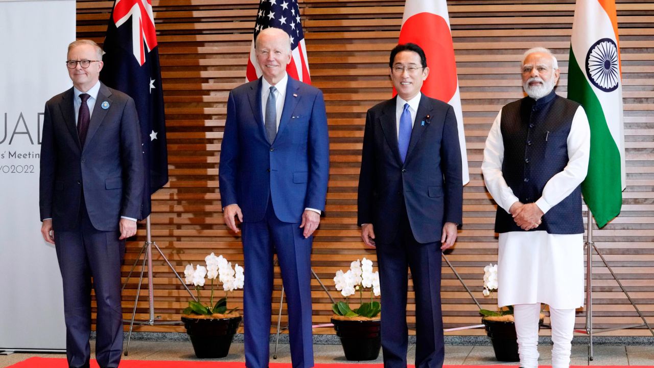 From left, Australian Prime Minister Anthony Albanese, US President Joe Biden, Japanese Prime Minister Fumio Kishida and Indian Prime Minister Narendra Modi pose for a photo at the entrance hall of the Prime Minister's Office of Japan in Tokyo on Tuesday, May 24, 2022. 