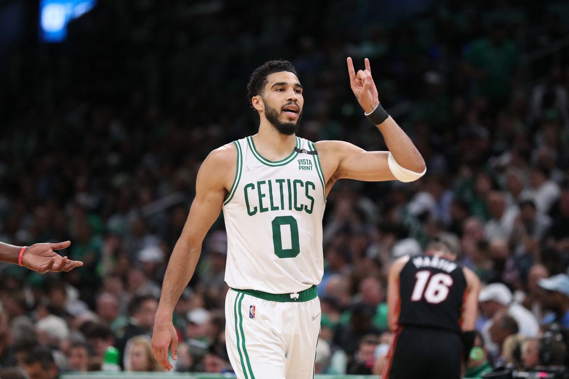 Tatum celebrates in the second half against the Heat during Game 4.