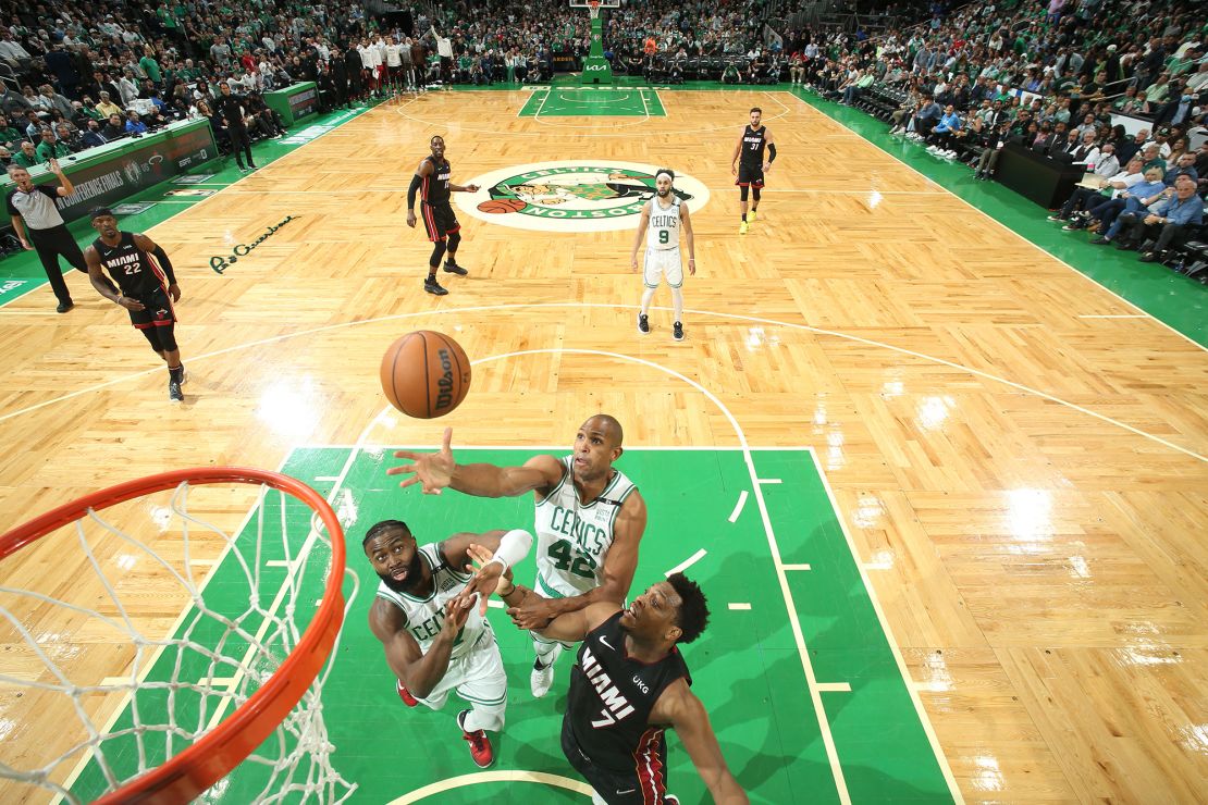 Al Horford grabs a rebound against the Heat during Game 4.