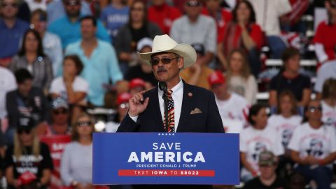 Arizona state representative Mark Finchem (R-AZ) speaks at a rally in Iowa State Fairgrounds, in Des Moines, Iowa, U.S., October 9, 2021.