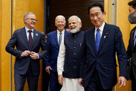 From left, Australian Prime Minister Anthony Albanese, US President Joe Biden and Indian Prime Minister Narendra Modi are greeted by Japanese Prime Minister Fumio Kishida, right, as <a href="https://www.cnn.com/asia/live-news/biden-asia-trip-quad-summit-05-24-22/index.html" target="_blank">the four leaders met for a summit in Tokyo</a> on Tuesday, May 24. The informal "Quad" group is widely seen as part of the United States' efforts to counter China's reach and territorial claims in the Indo-Pacific.