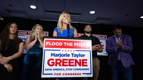 Rep. Marjorie Taylor Greene (R-GA) addresses supporters during a primary election watch party on May 24, 2022 in Rome, Georgia. 