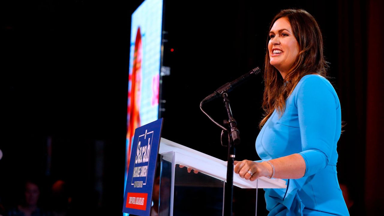 Sarah Sanders talks to supporters after winning the Republican nomination for Arkansas governor, Tuesday, May 24, 2022, in Little Rock, Ark. (Thomas Metthe/The Arkansas Democrat-Gazette via AP)