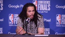 DALLAS, TX - MAY 24: Damion Lee #1 of the Golden State Warriors speaks to the media after Game 4 of the 2022 NBA Playoffs Western Conference Finals on May 24, 2022 at the American Airlines Center in Dallas, Texas. NOTE TO USER: User expressly acknowledges and agrees that, by downloading and or using this photograph, User is consenting to the terms and conditions of the Getty Images License Agreement. Mandatory Copyright Notice: Copyright 2022 NBAE (Photo by Noah Graham/NBAE via Getty Images)