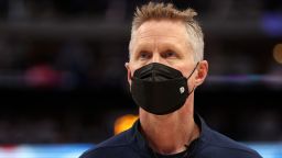DALLAS, TEXAS - MAY 24: Head coach Steve Kerr of the Golden State Warriors stands during the national anthem prior to Game Four of the 2022 NBA Playoffs Western Conference Finals against the Dallas Mavericks at American Airlines Center on May 24, 2022 in Dallas, Texas. NOTE TO USER: User expressly acknowledges and agrees that, by downloading and or using this photograph, User is consenting to the terms and conditions of the Getty Images License Agreement. (Photo by Tom Pennington/Getty Images)