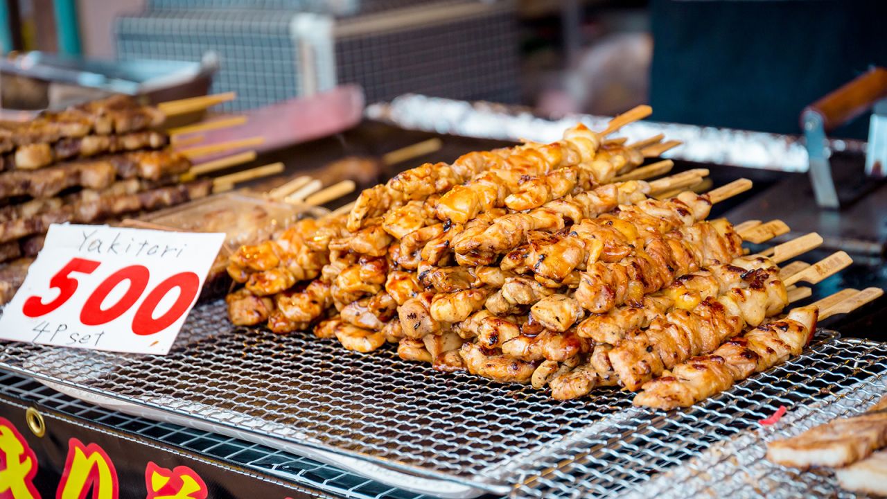 <strong>Yakitori, Japan:</strong>  These grilled chicken skewers typically include thighs, breasts, kidneys, gizzards, skins, livers and hearts cooked slowly over binchotan (white charcoal), then sprinkled in salt or glazed with a soy-based sauce called 'tare'.