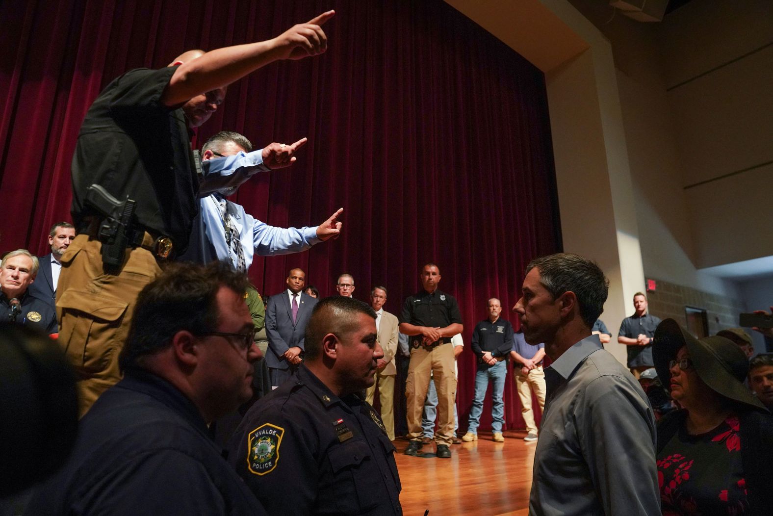 Texas gubernatorial nominee Beto O'Rourke, bottom right, <a href="index.php?page=&url=https%3A%2F%2Fwww.cnn.com%2F2022%2F05%2F25%2Fpolitics%2Fbeto-orourke-uvalde-greg-abbott%2Findex.html" target="_blank">confronted Gov. Greg Abbott and other officials</a> during a news conference about the shooting on May 25. "The time to stop the next shooting is right now and you are doing nothing," O'Rourke told Abbott. The two will face off in November's election.