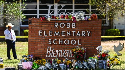 A makeshift memorial in front of Robb Elementary School in Uvalde, Texas, where a lone gun killed 19 children and two teachers on Tuesday in the latest spasm of deadly gun violence in the United States.