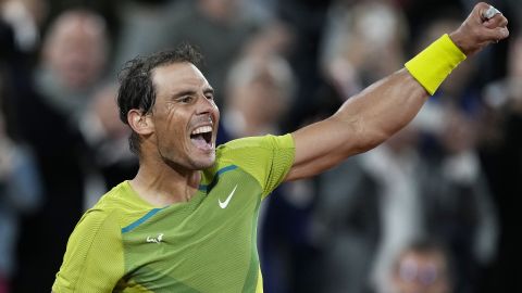 Spain's Rafael Nadal celebrates a win over France's Corentin Moutet on May 25, 2022, after their second-round match at the French Open tennis tournament in Paris.