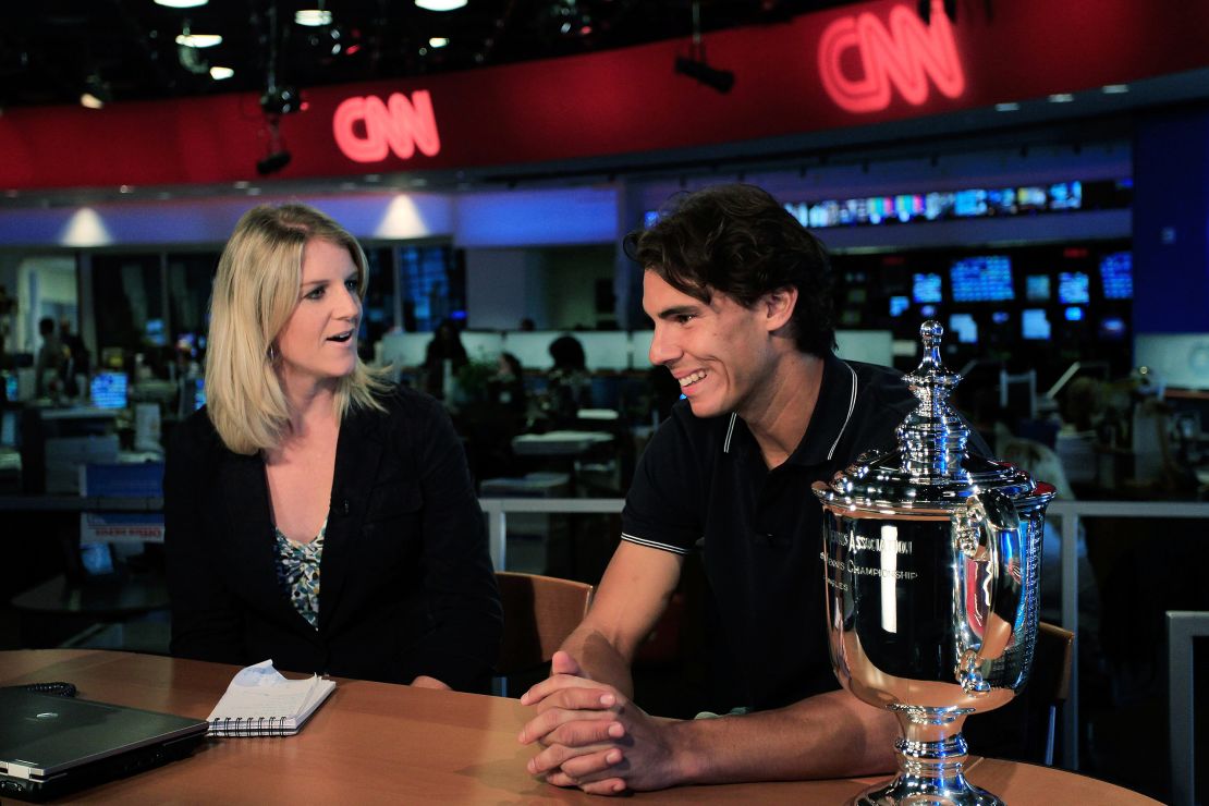 Rafael Nadal is interviewed by anchor Candy Reid of CNN International on September 14, 2010, in New York City after winning the 2010 US Open.