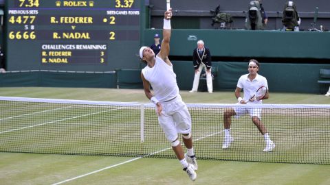 Rafael Nadal reaches for a shot against Roger Federer in the Wimbledon men's final on July 6, 2008, considered by many the best tennis match ever.