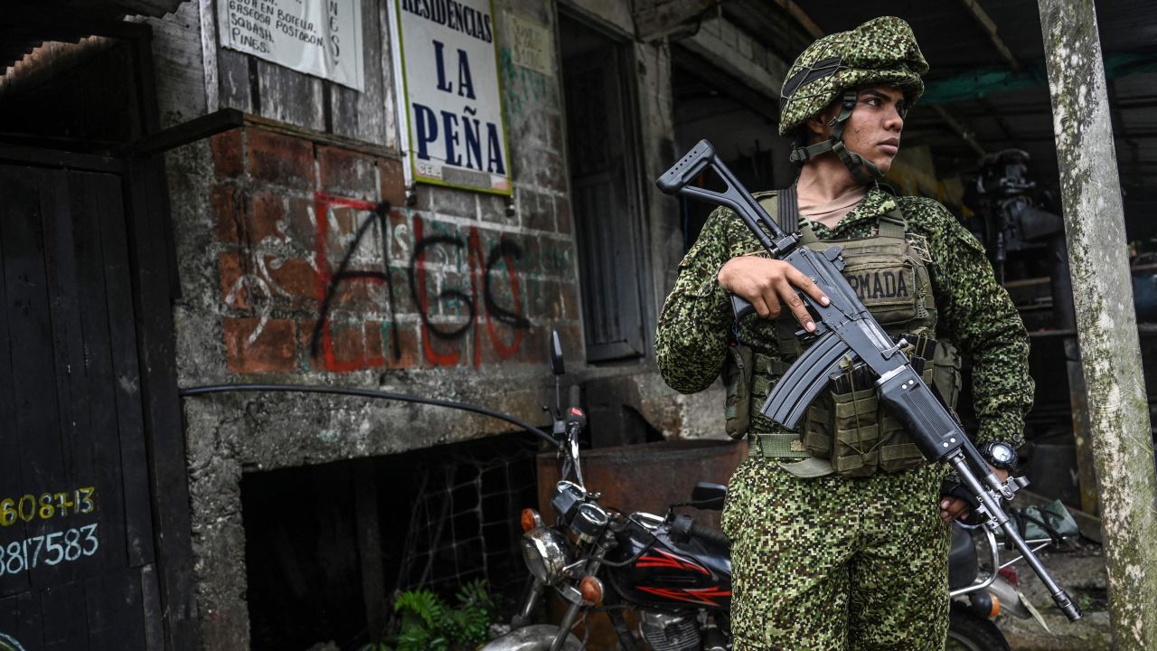 A Colombian soldier stands guard near the port city of Buenaventura, Colombia, this month.