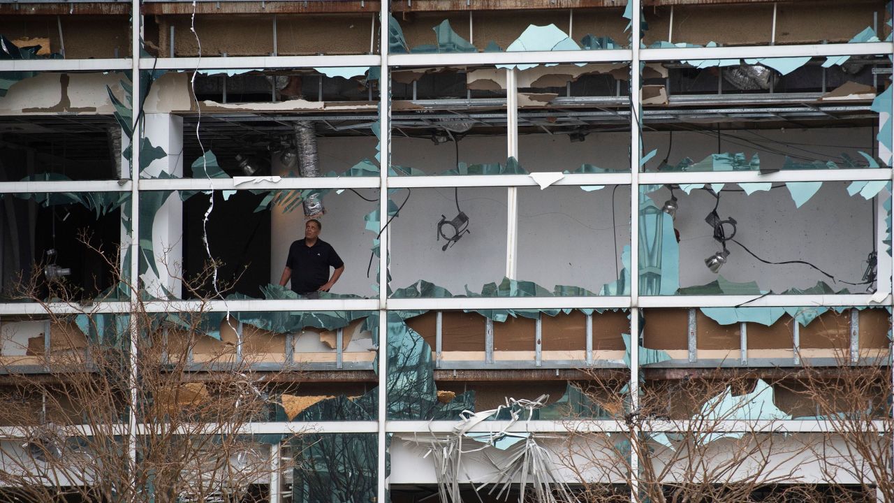 Powerful winds blew out windows in the Capitol One Bank Tower during Hurricane Laura in 2020.