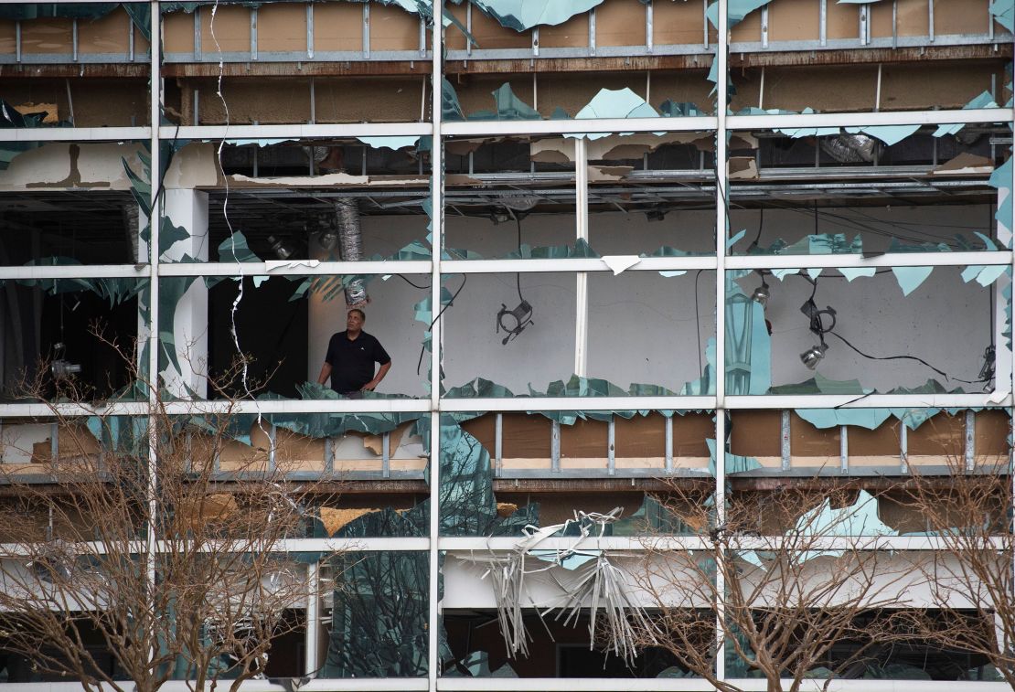 Powerful winds blew out windows in the Capitol One Bank Tower during Hurricane Laura in 2020.