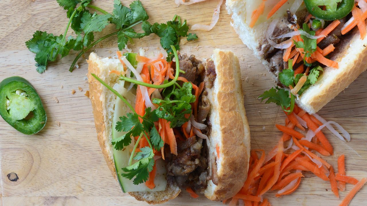 <strong>Banh mi, Vietnam: </strong>Like many foods in this gallery, the ingredients will vary from north to south, east to west. A classic combination includes pork, pickled vegetables, coriander, chili and a healthy smear of pâté sandwiched in a crispy, fluffy baguette.