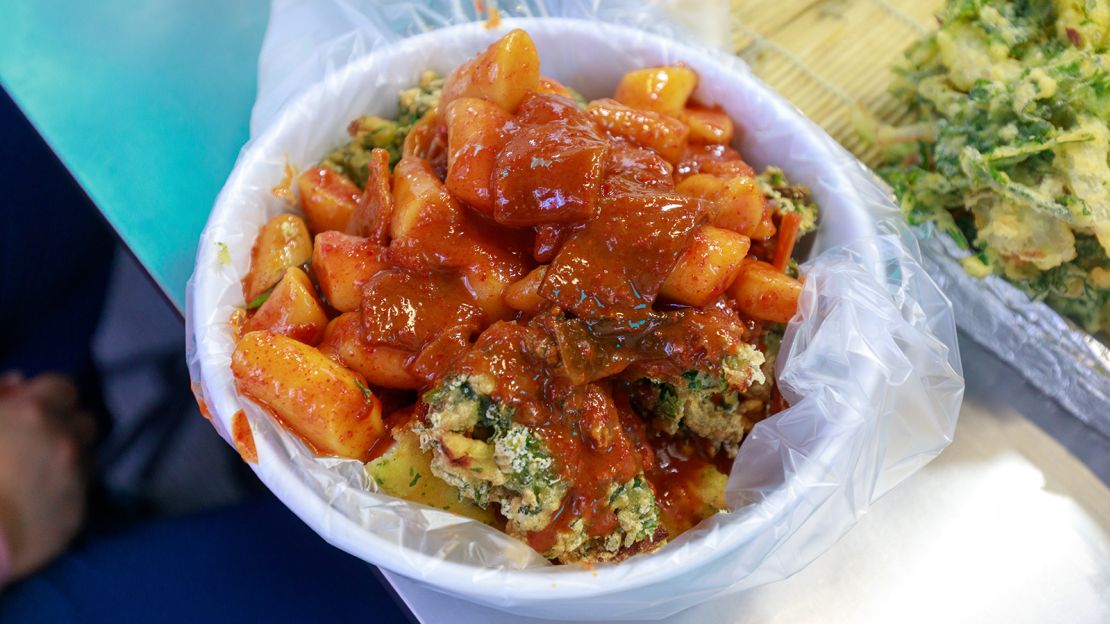 Tteokbokki, stir-fried rice cakes, are a popular Korean street food.