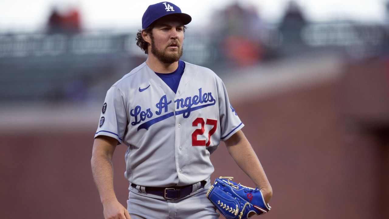 Los Angeles Dodgers starting pitcher Trevor Bauer looks toward home during the fourth inning of the the team's baseball game against the San Francisco Giants on May 21, 2021, in San Francisco.