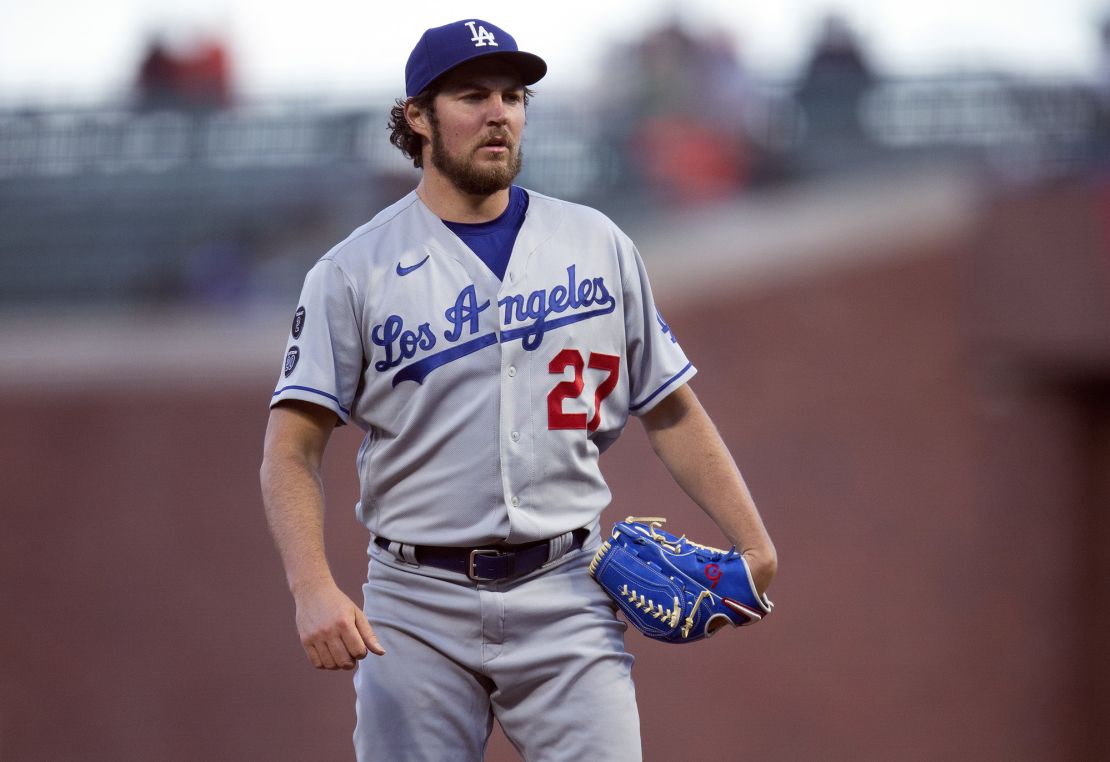 Los Angeles Dodgers starting pitcher Trevor Bauer looks toward home during the fourth inning of the the team's baseball game against the San Francisco Giants on May 21, 2021, in San Francisco. 