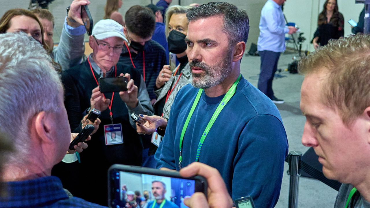 Cleveland Browns head coach Kevin Stefanski answers questions from the media during the NFL Scouting Combine on March 2, 2022, at the Indiana Convention Center in Indianapolis.