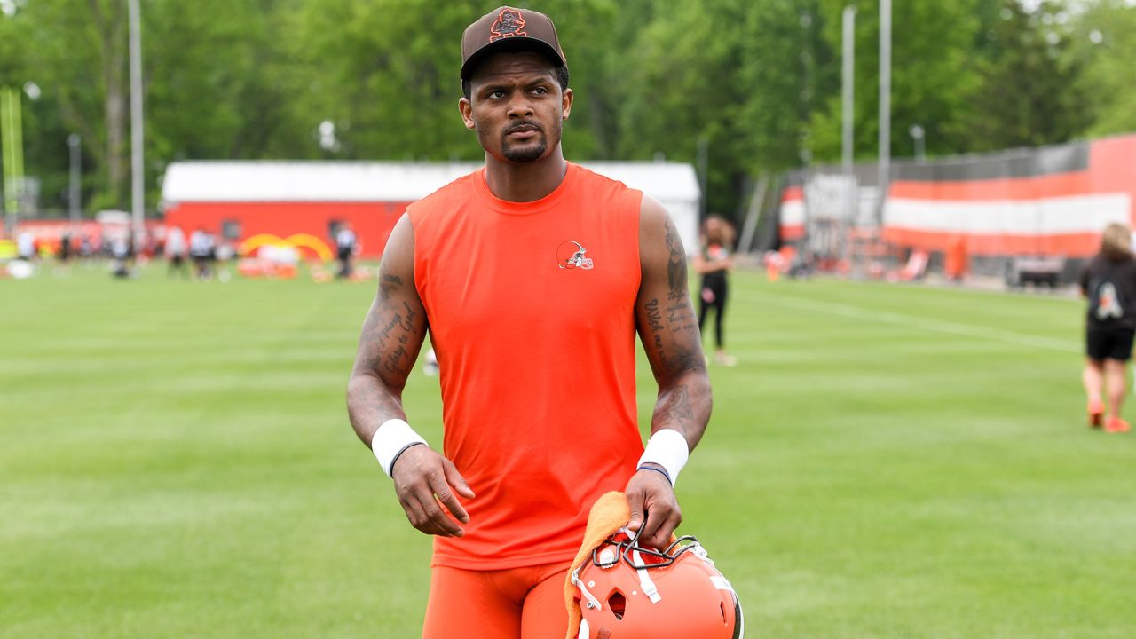 Deshaun Watson #4 of the Cleveland Browns walks off the field after the Cleveland Browns OTAs at CrossCountry Mortgage Campus on May 25, 2022 in Berea, Ohio.