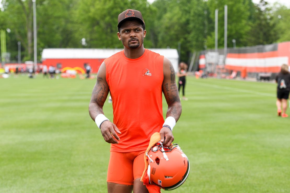 Deshaun Watson #4 of the Cleveland Browns walks off the field after the Cleveland Browns OTAs at CrossCountry Mortgage Campus on May 25, 2022 in Berea, Ohio.