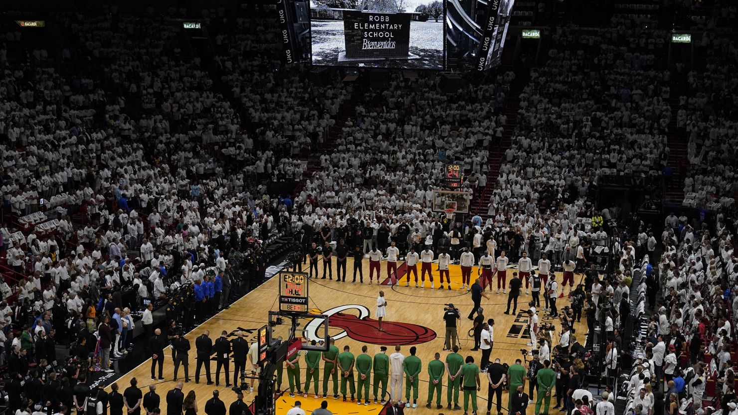 A moment of silence for those killed at the Robb Elementary School massacre in Uvalde was held before Game 5 of the Eastern Conference Finals playoff series.