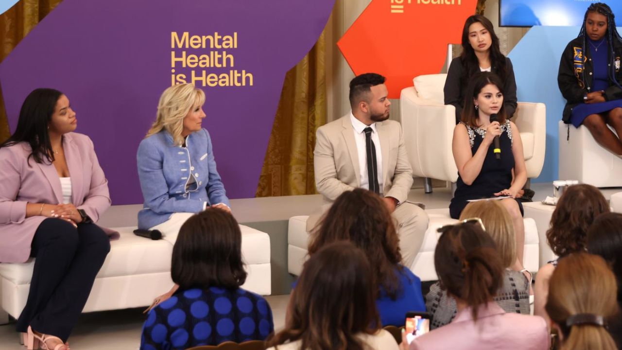Jill Biden and Selena Gomez appear on stage as MTV Entertainment hosts first ever Mental Health Youth Forum at the White House on May 18, 2022.