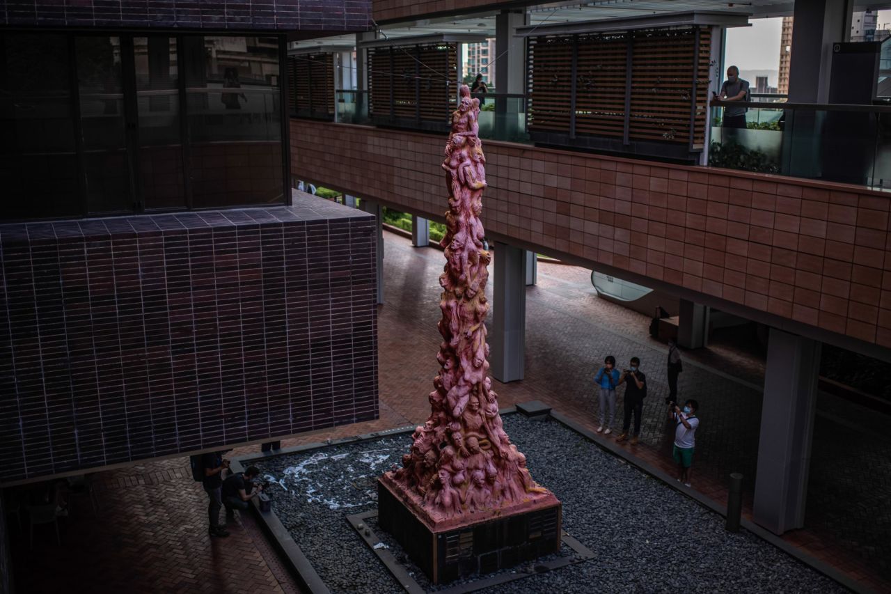 The "Pillar of Shame" pictured at the University of Hong Kong in October 2021, shortly before it was taken down.