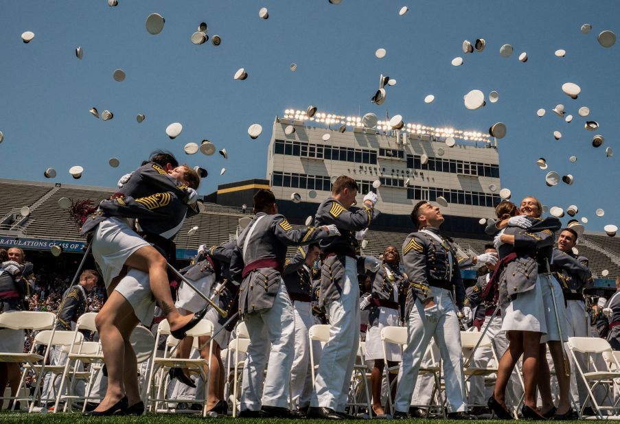 Graduating cadets toss their hats in celebration at the United States Military Academy in West Point, New York, on Sunday, May 22.