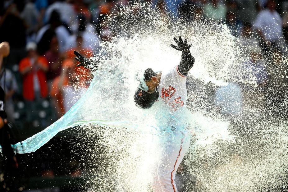 Baltimore's Anthony Santander is doused by his teammates after hitting a walk-off home run to defeat the New York Yankees on Thursday, May 19.