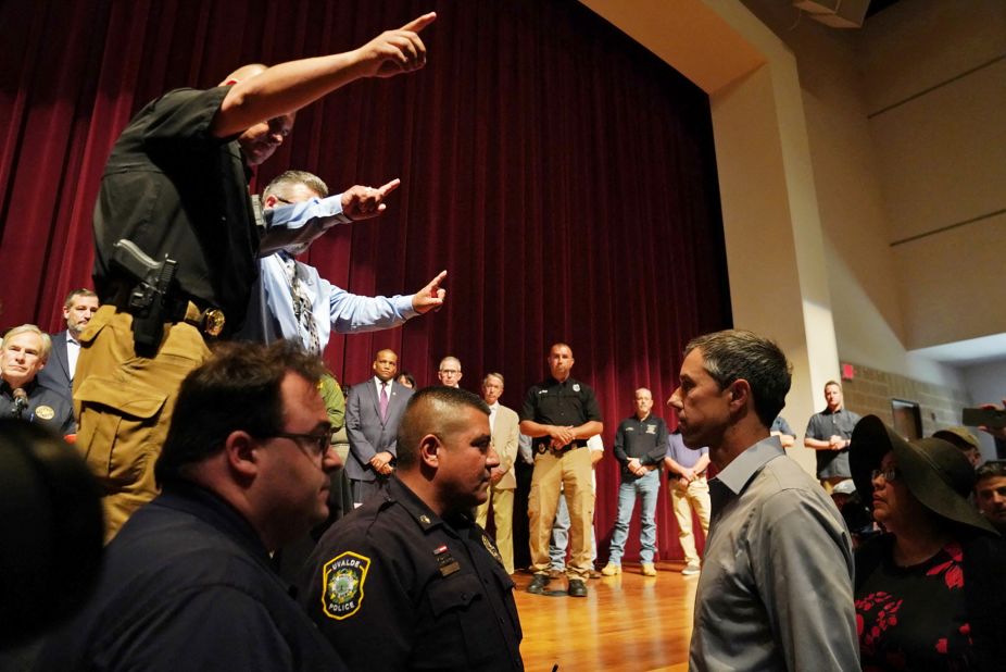 Texas gubernatorial nominee Beto O'Rourke, bottom right, <a href="https://www.cnn.com/2022/05/25/politics/beto-orourke-uvalde-greg-abbott/index.html" target="_blank">confronted Gov. Greg Abbott and other officials</a> during a news conference Wednesday, May 25, regarding the school shooting in Uvalde, Texas. "The time to stop the next shooting is right now and you are doing nothing," O'Rourke told Abbott. The two will face off in November's election.