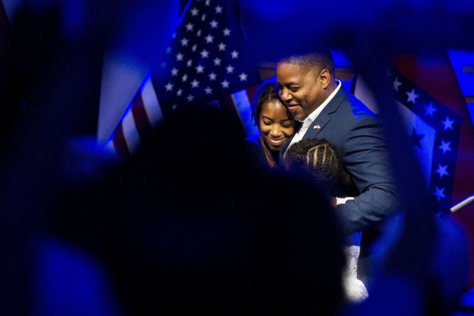 Chris Jones hugs his family as he celebrates winning the Democratic Party's nomination for governor Tuesday, May 24, in Little Rock, Arkansas.