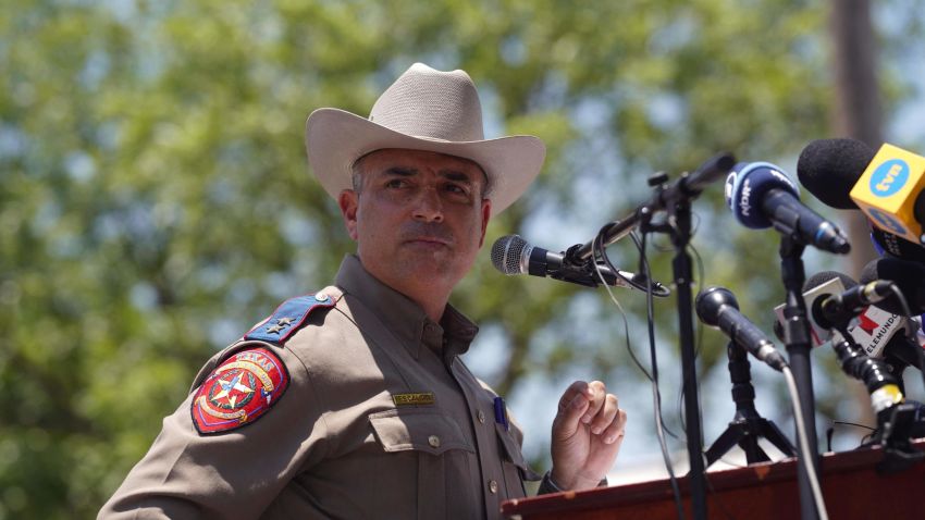 Victor Escalon, Regional Director of the Texas Department of Public Safety South, gives a press conference in Uvalde, Texas on May 26, 2022, two days after a gunman opened fire at Robb Elementary school. - Grief at the massacre of 19 children at the elementary school in Texas spilled into confrontation on May 25, as angry questions mounted over gun control -- and whether this latest tragedy could have been prevented. The tight-knit Latino community of Uvalde on May 24 became the site of the worst school shooting in a decade, committed by a disturbed 18-year-old armed with a legally bought assault rifle. (Photo by allison dinner / AFP) (Photo by ALLISON DINNER/AFP via Getty Images)