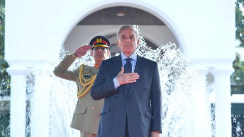 Pakistani Prime Minister Shehbaz Sharif gestures during a guard of honour ceremony in Islamabad on April 12, 2022. 