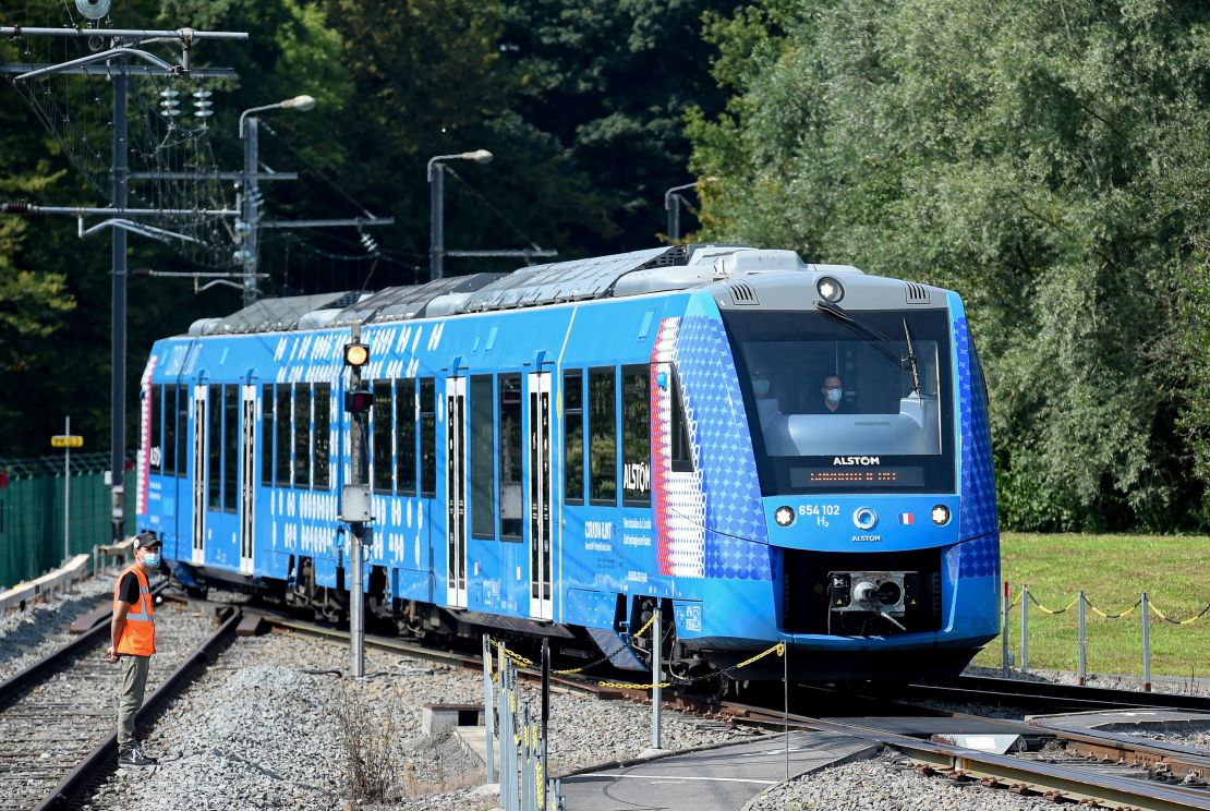 This photograph taken on September 6, 2021 shows Alstom's Coradia iLint train, the first in the world to be powered by hydrogen.