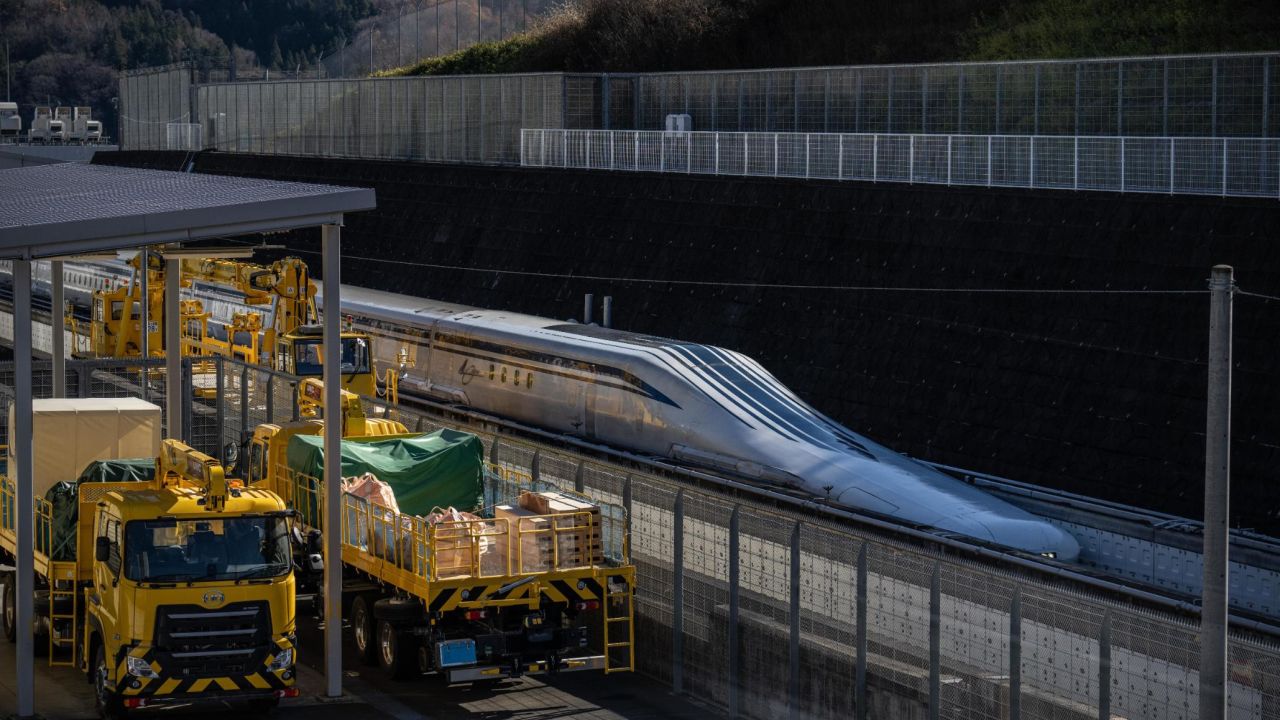 A maglev train conducts a test run on December 3, 2021 in Tsuru, Japan.  
