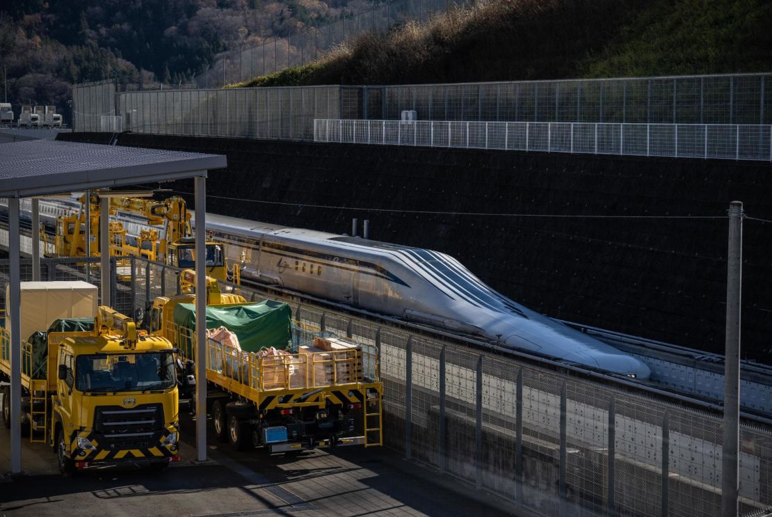 A maglev train conducts a test run on December 3, 2021 in Tsuru, Japan.  