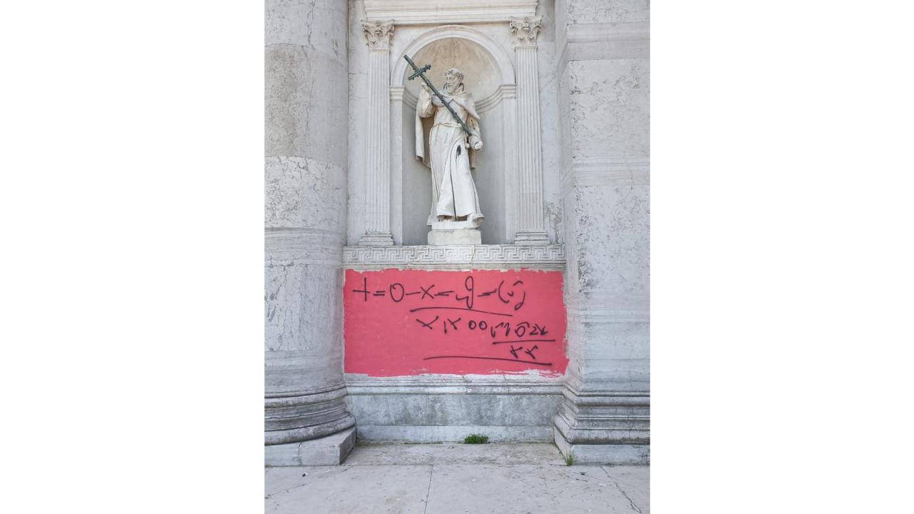 The vandals daubed a patch of the facade in pink.