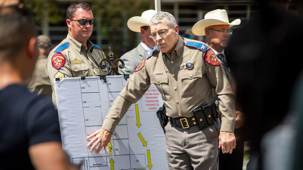 Steven McCraw, the Director and Colonel of the Texas Department of Public Safety, points to a map of the shooter's movements during a press conference in front of Robb Elemenary School where a deadly shooting left 19 children and two teachers dead, in Uvalde, Tx., U.S., on Friday, May 27, 2022. 

Ninteen children and two teachers were killed when an 18-year-old gunman opened fire in a classroom at Robb Elementary School on Tuesday, May 24, 2022 in Uvalde, Tx.

Photographer: Matthew Busch/CNN