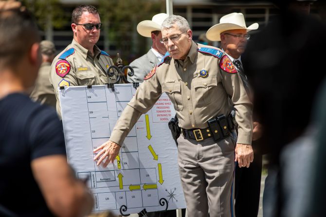 Steven McCraw, the director of the Texas Department of Public Safety, points to a map of <a href="index.php?page=&url=https%3A%2F%2Fwww.cnn.com%2F2022%2F05%2F27%2Fus%2Fuvalde-texas-elementary-school-shooting-friday%2Findex.html" target="_blank">the shooter's movements</a> during a news conference on May 27. In all, 80 minutes passed between when officers were first called to the school at 11:30 a.m. to when a tactical team entered locked classrooms and killed the gunman at 12:50 p.m., McCraw said.