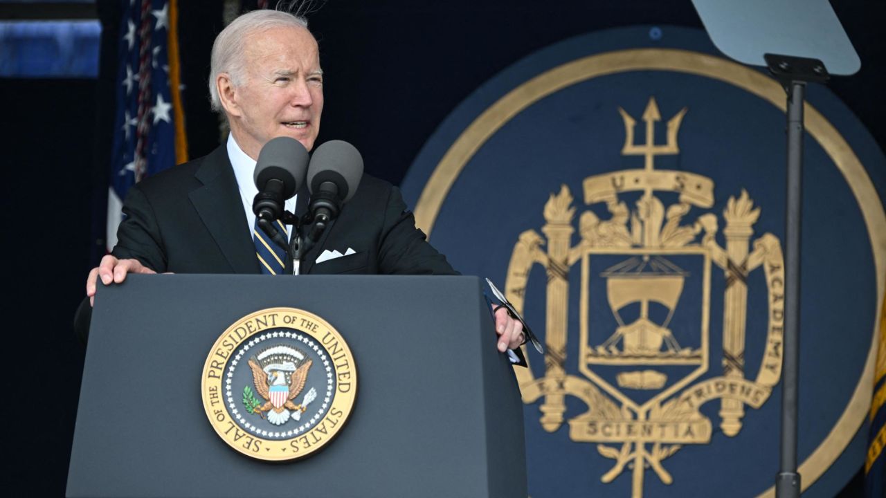 US President Joe Biden addresses the US Naval Academys Class of 2022 graduation and commissioning ceremony at Navy-Marine Corps Memorial Stadium in Annapolis, Maryland, on May 27, 2022. (Photo by MANDEL NGAN / AFP) (Photo by MANDEL NGAN/AFP via Getty Images)