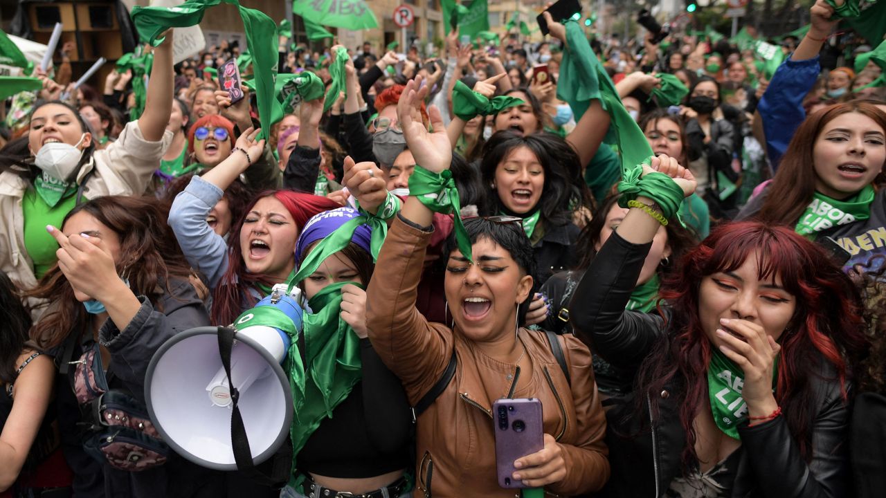 Abortion rights activists celebrate the decision of Colombia's high court to decriminalize abortion up to 24 weeks into pregnancy on February 21, 2022. 