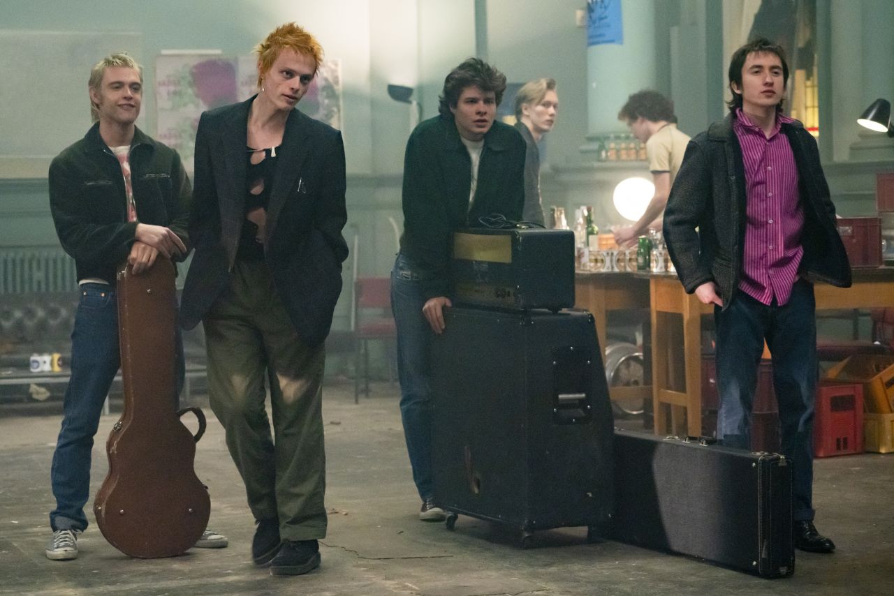 Left to right, Jacob Slater as Paul Cook, Anson Boon as John Lyndon, Toby Wallace as Steve Jones and Christian Lees as Glen Matlock in "Pistol."