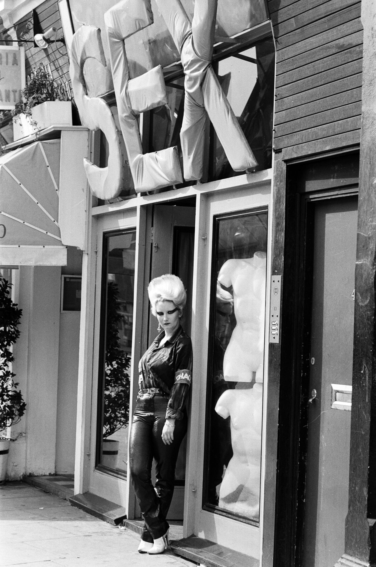 Pamela Rooke, also known as Jordan Mooney, at 'Sex' shop on the Kings Road. December 1976.